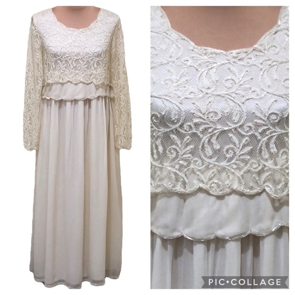 Vintage Beaded Scalloped Leaf Vine Lace Midi Length Cream Dress Size Medium